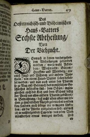 Des Oesterreichisch- und Böheimischen Haus-Vatters Sechste Abtheilung/ Von Der Viehzucht