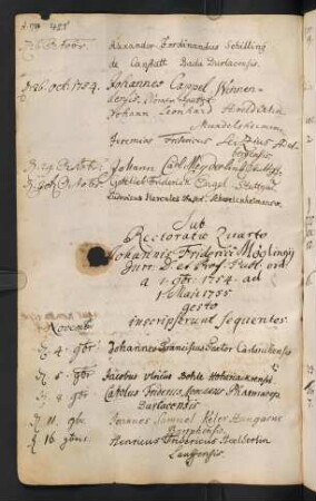 Winterhalbjahr 1754/1755. Rektorat Johann(es) Friedrich Mögling