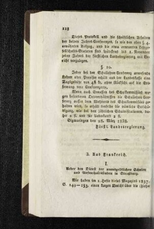 Aus Frankreich : ueber den Dienst der unentgeldlichen Schulen und Aufenthaltsstuben in Straßburg ; [Schulnachrichten]