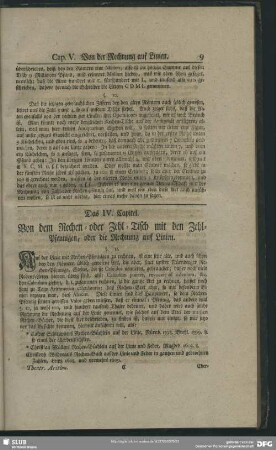 Das IV. [i.e. V] Capitel. Von dem Rechen- oder Zehl-Tisch mit den Zehl-Pfennigen, oder die Rechnung auf Linien