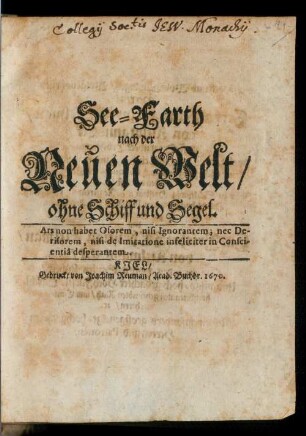 See-Fahrth nach der Neuen Welt ohne Schiff und Segel