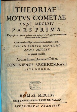 Theoria motus Cometae Anni 1664
