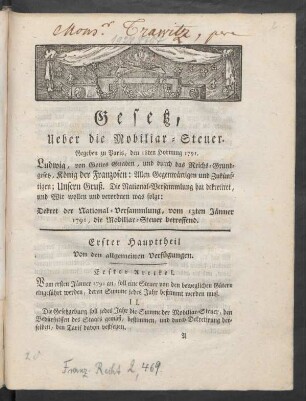 Gesetz, Ueber die Mobiliar-Steuer : Gegeben zu Paris, den 18ten Hornung 1791.