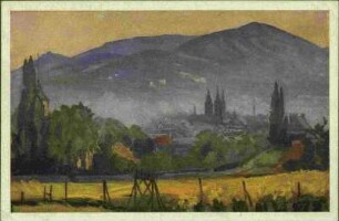 Landschaftsgemälde mit Bergen im Hintergrund und Rapsfeld