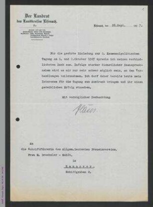 Brief des Landrats des Landkreises Eisenach an den ADF