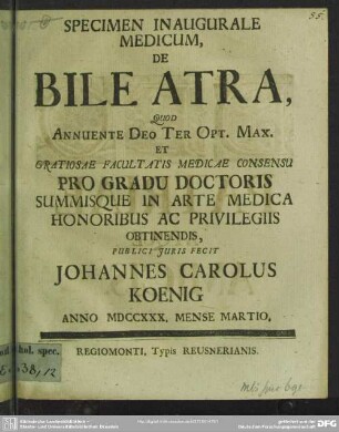 Specimen Inaugurale Medicum, De Bile Atra