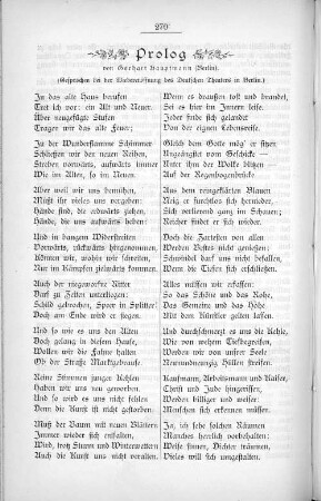 Prolog Von Gerhart Hauptmann (Berlin). (Gesprochen bei der Wiedereröffnunf des Deutschen Theaters in Berlin.)