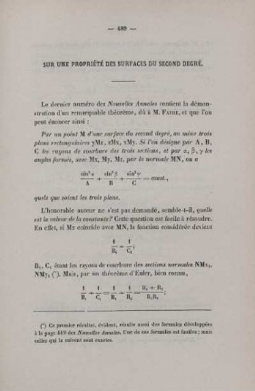 Sur une propriété des surfaces du second degré.