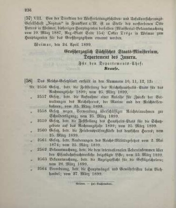 57. Ministerial-Bekanntmachung, betreffend Wechsel in der Hauptagentur der Wasserleitungsschäden- und Unfallversicherungs-Gesellschaft "Neptun" in Frankfurt a/M.