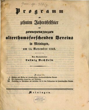 Programm zur zehnten Jahresfestfeier des Hennebergischen alterthumsforschenden Vereins in Meiningen, am 14. Nov. 1842