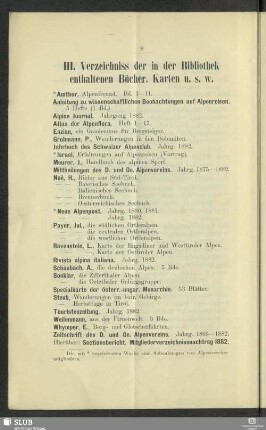 III. Verzeichniss der in der Bibliothek enthaltenen Bücher, Karten u.s.w.