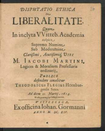 Disputatio Ethica De Liberalitate