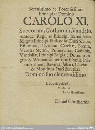 Serenissimo ac Potentissimo Principi ac Domino CAROLO XI.