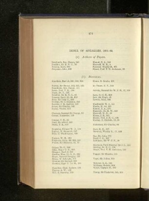 7. Index of Speakers during Session 1891-92.