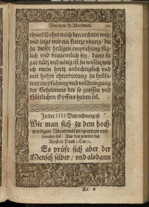 In der IIII. Betrachtung ist Wie man sich zu dem hochwirdigen Abendmal præpariren und bereiten sol.