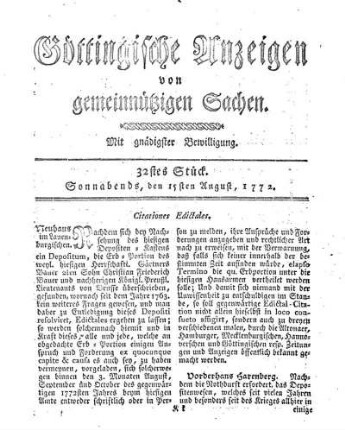 32stes Stück. Sonnabends, den 15sten August, 1772.