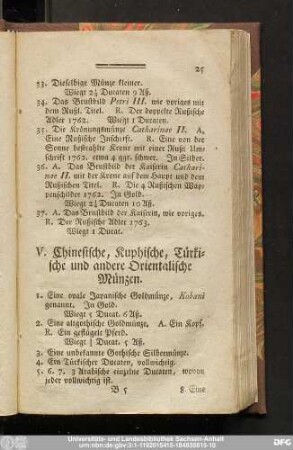 V. Chinesische, Kuphische, Türkische und andere Orientalische Münzen.
