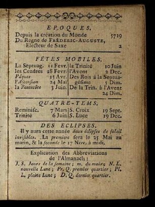 Epoques / Fêtes Mobiles / Quatre-Tems / Des Eclipses.