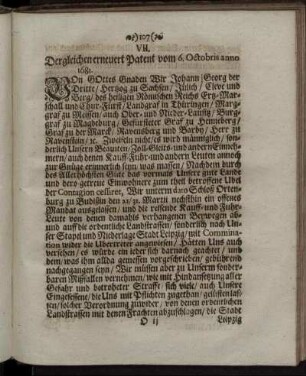 VII. Der gleichen erneuert Patent vom 6. Octobris anno 1681.
