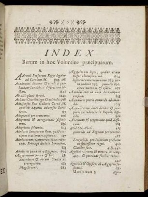 Index Rerum in hoc Volumine præcipuarum