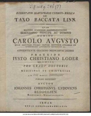 Dissertatio Inavgvralis Chemico-Medica De Taxo Baccata Linn.