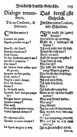 Dialogo trentesimo. Trà un creditore, & Debitore. / Das dreyssigste Gepräch. Zwischen einen Creditor, und Schuldner.