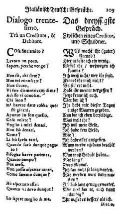 Dialogo trentesimo. Trà un creditore, & Debitore. / Das dreyssigste Gepräch. Zwischen einen Creditor, und Schuldner.