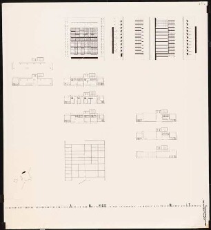 Moritzplatz, Berlin-Kreuzberg Schinkelwettbewerb 1983: Gebäude 3 mit Kindergarten: Grundrisse, Ansicht, Schnitt