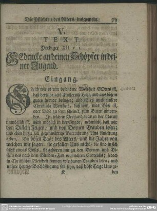 V. Text. Pred. XII. v. I. Gedencke an deinen Schöpfer in deiner Jugend