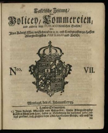 Nro. VII, Montags, den 16. Februarii 1733