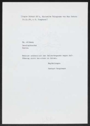 Brief von Gerhart Hauptmann an Lessing-Theater 