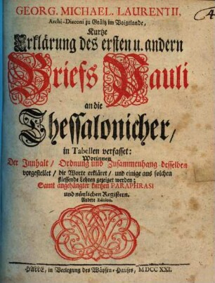 Kurtze Erklärung des ersten u. andern Briefs Pauli an die Thessalonicher