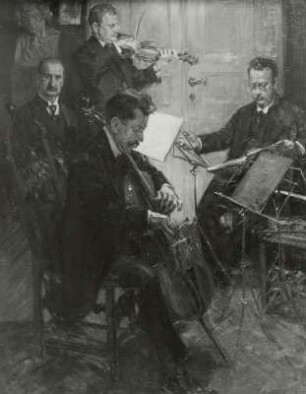 Hahn, Robert: Striegler-Quartett mit Johannes Striegler (V., rechts), Willy Reiner (2. V., stehend), Richard Rokohl (Va., links) und Walter Schilling (Vc., 2. von rechts). Öl/Lw.; 164 x 131 cm. Dresden, 1916. Dresden: Stadtmuseum Dresden 1980/k 97