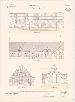 Garnison des Infanterie-Kasernements, Mannheim Exerzierhaus: Aufriss Längsansicht, Giebelansicht, Längsschnitt, Querschnitt 1:100