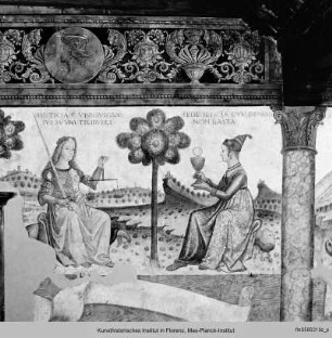 Ausmalung des Salone : Personifikationen zweier theologischer Tugenden und der Kardinaltugenden an der Nordwand