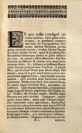 Ivbilaevm Artis Typographicae Inter Festos Literati Orbis Nostri apparatvs Tertio redvx : Ad Dei Tri-Unius, A Quo omne datum optimum, & omne donum perfectum, Majorem Gloriam, ... Die XII. Decembris Celebrat Universitas Bambergensis