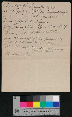 Handschriftliche Anweisungen/Notizen zur Medikamenteneinnahme vom 09.12.1928