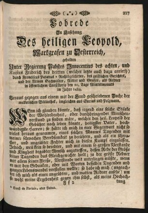 Lobrede In Ansehung Des heiligen Leopold, Markgrafen zu Oesterreich, ...