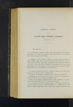 Rapport Annuel De La Société belge d'Études coloniales.