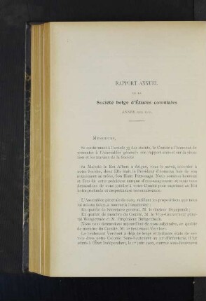 Rapport Annuel De La Société belge d'Études coloniales.