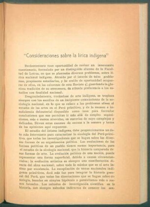 "Consideraciones sobre la lírica indígena"
