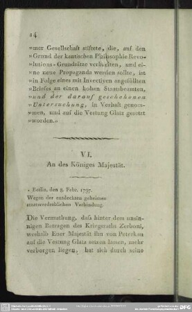 VI. An des Königes Majestät