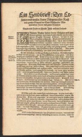 Ein Sendbrieff: Den Ersamen und weisen Herrn Bürgermeister/ Rath und gantzer Gemein/ der Stad Mülhausen ...