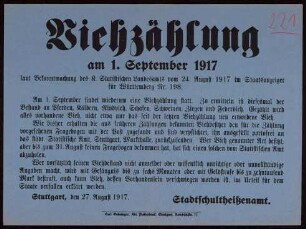 "Viehzählung am 1. September 1917" in Stuttgart