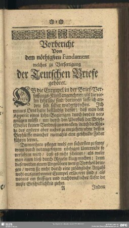 Vorbericht von dem nöthigsten Fundament welches zu Verfertigung der Teutschen Briefe gehöret