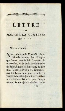 Lettre a Madame La Comtesse De ****.