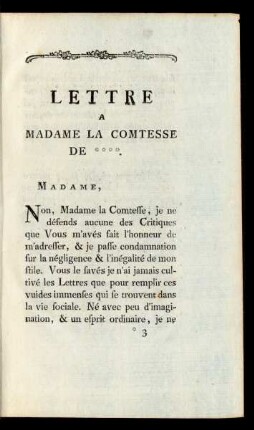 Lettre a Madame La Comtesse De ****.