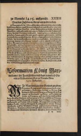 Reformation König Maximiilans/ die Freyschöffen und das heymlich Gericht zu Westvalen betreffend/ zu Wormbs/ Anno 1595. Auffgericht.