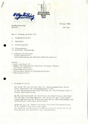 Arbeitspapier, Materialien: Planung im               Block 101