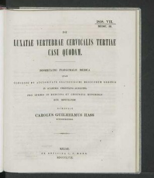 De Luxatae Vertebrae Cervicalis Tertiae Casu Quodam.